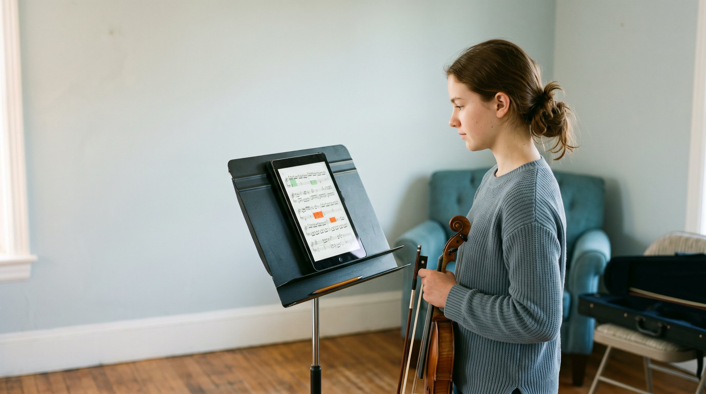 Classical violin student using a music practice app on a tablet at a music stand, with coloured notes marked on the score