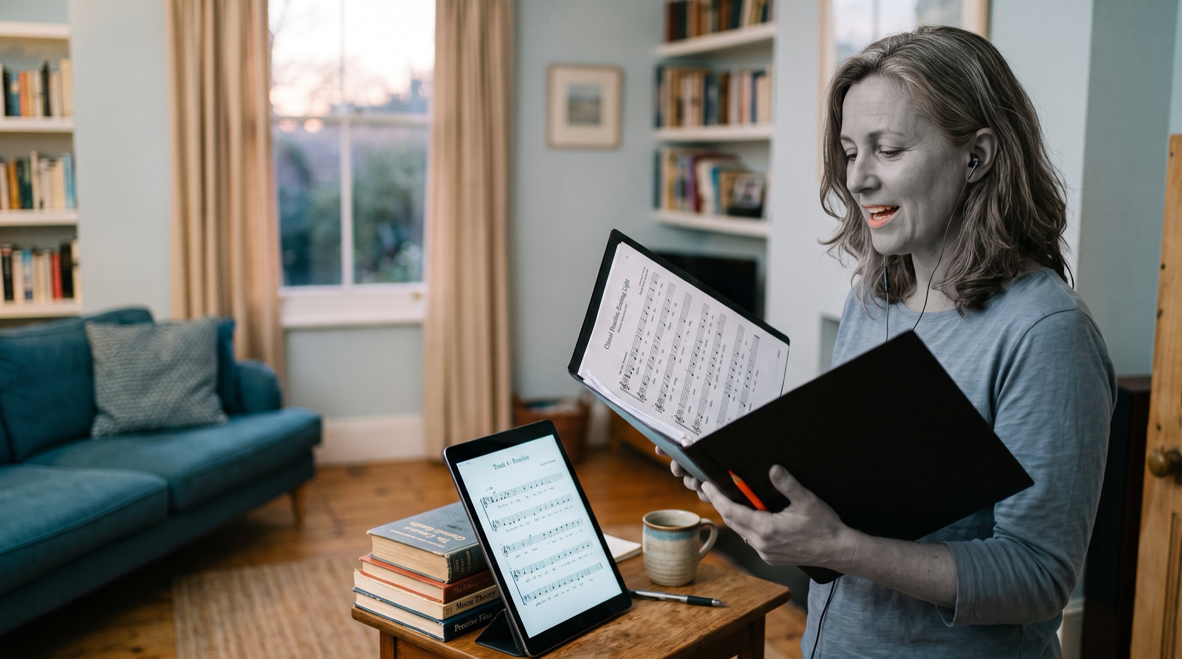 Adult choir singer learning a voice part with choir practice tracks on a tablet, holding printed choral sheet music at home