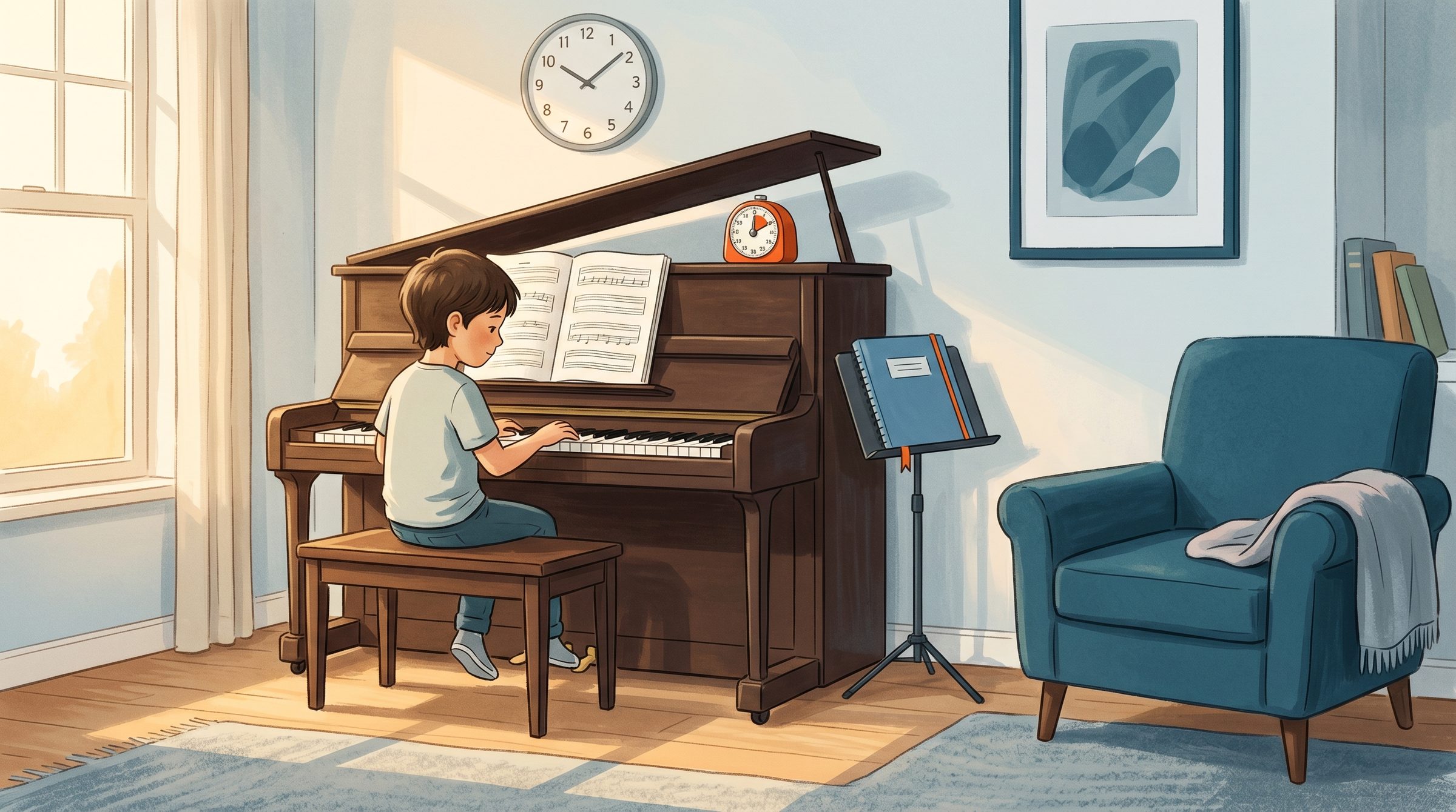 Young child practicing piano at home with a small kitchen timer on the piano top, soft afternoon light through a window, the right answer to how long should my child practice music