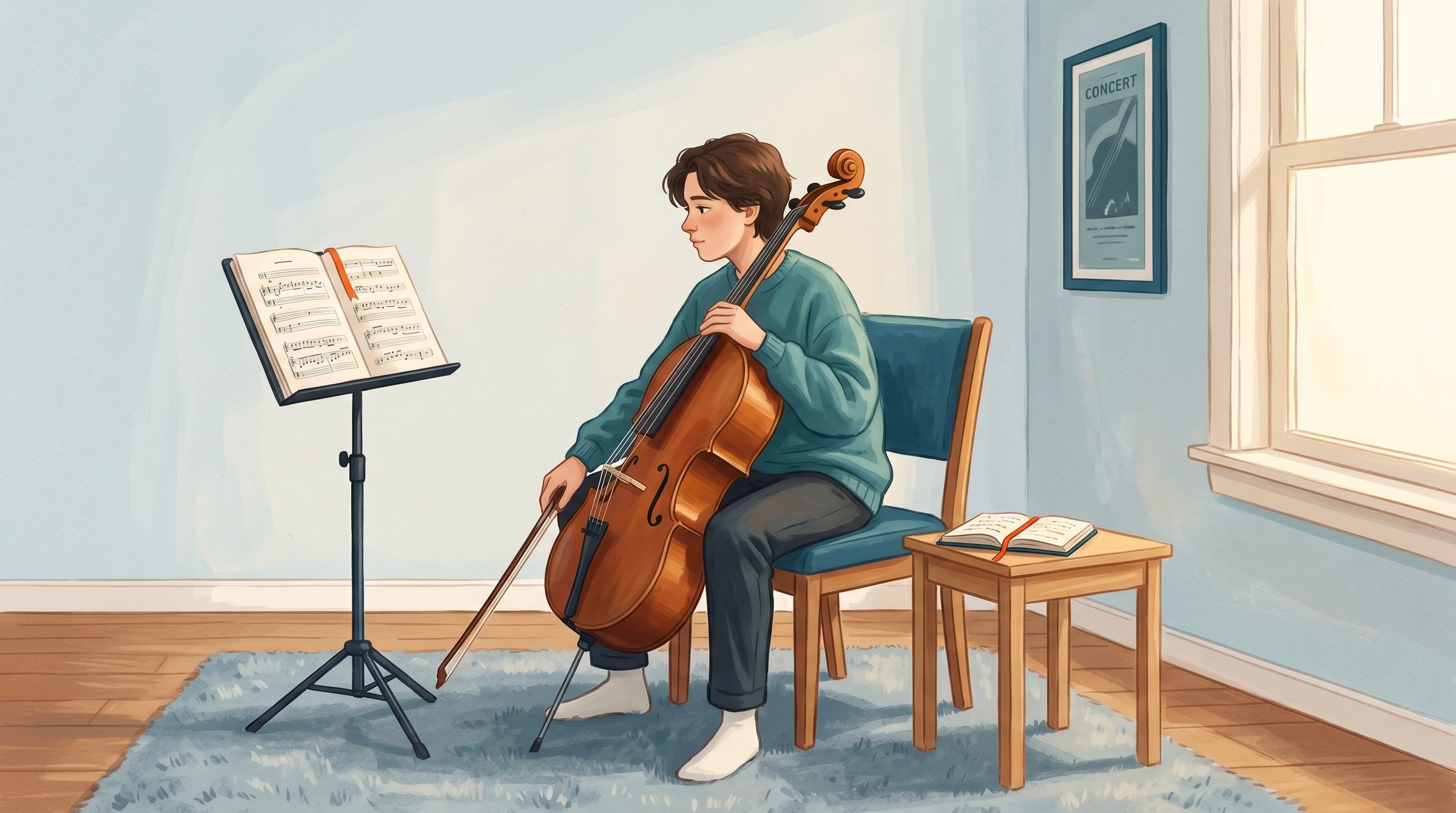 Teenage music student in a thoughtful pause moment with their instrument resting between their knees and the score on a music stand — the productive pause inside a music practice plateau
