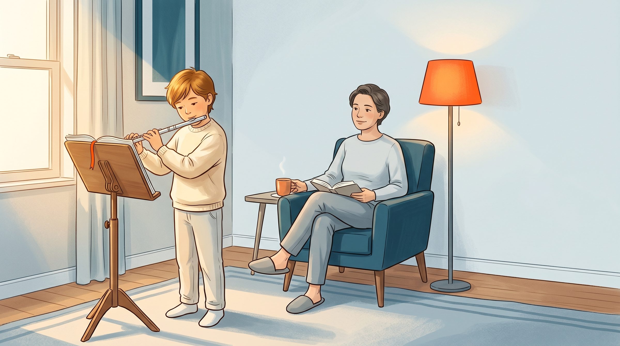 Non-musician parent helping their child practice music at home, listening calmly beside a music stand and open score in soft afternoon light