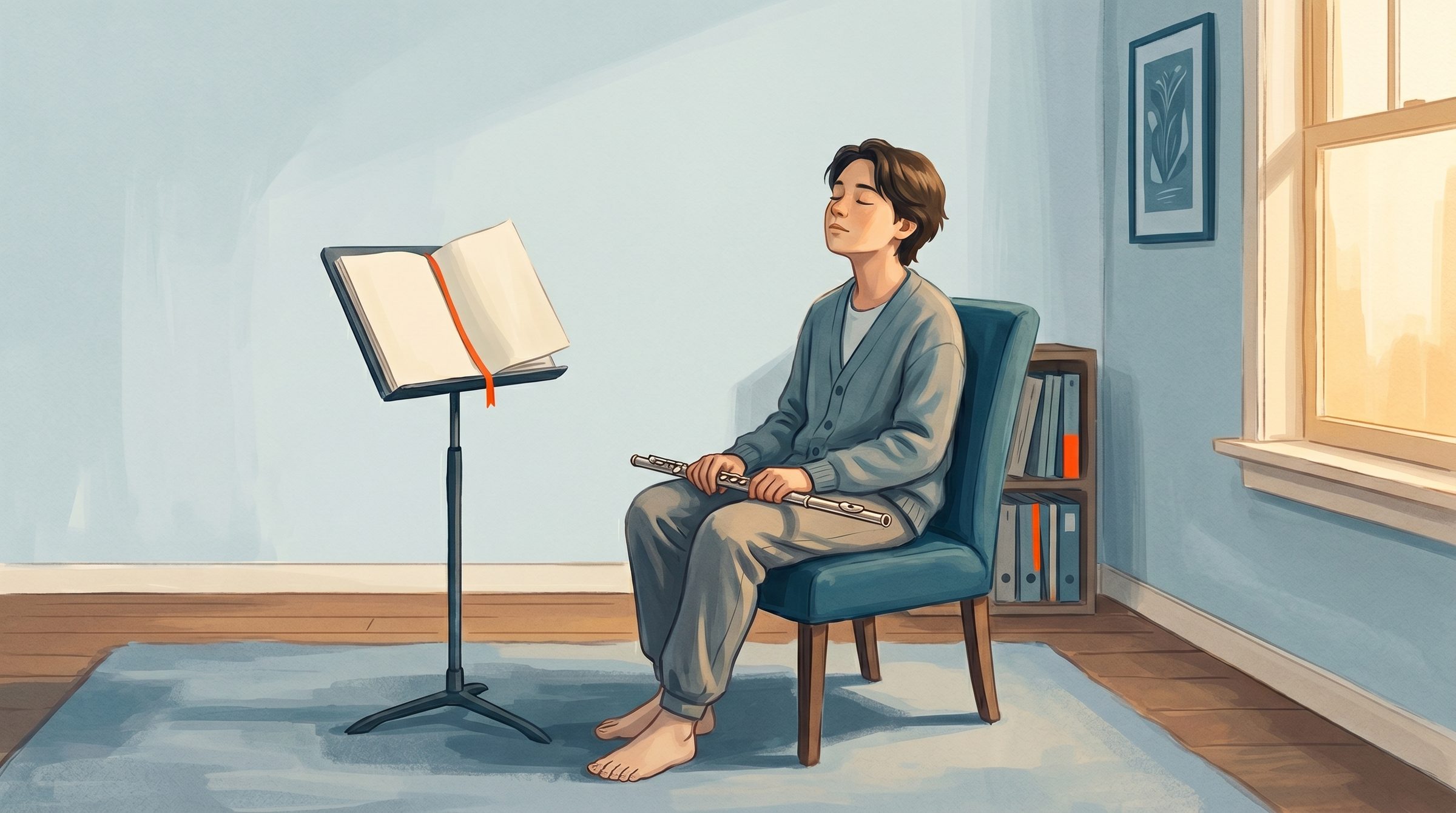 Teen music student with eyes closed in mental rehearsal next to an open score on a music stand — practicing how to memorize music away from the page