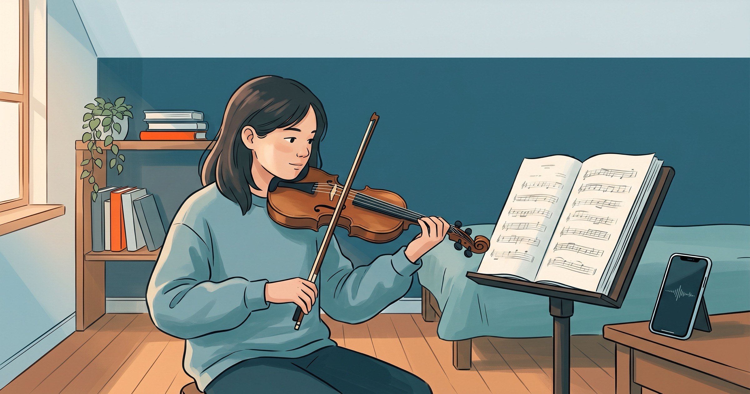 Teen student focused on how to practice music at home, score on the stand and a phone recording the session