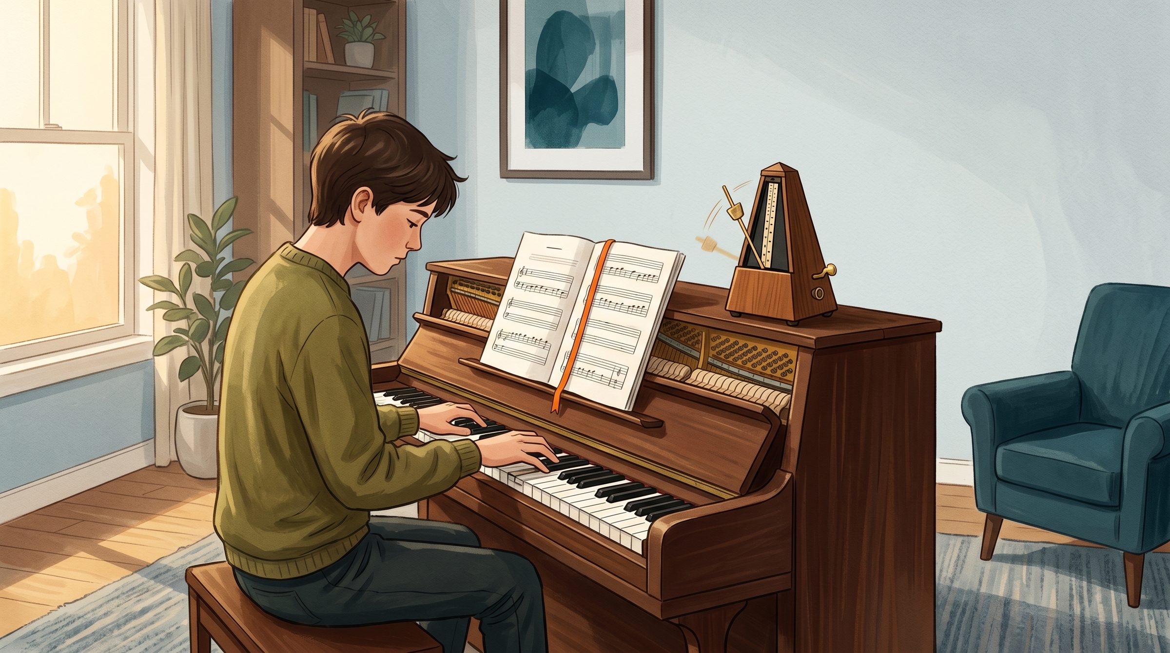 Teen student practicing piano slowly with a vintage mechanical metronome on the piano top — learning how to practice slowly and let speed follow