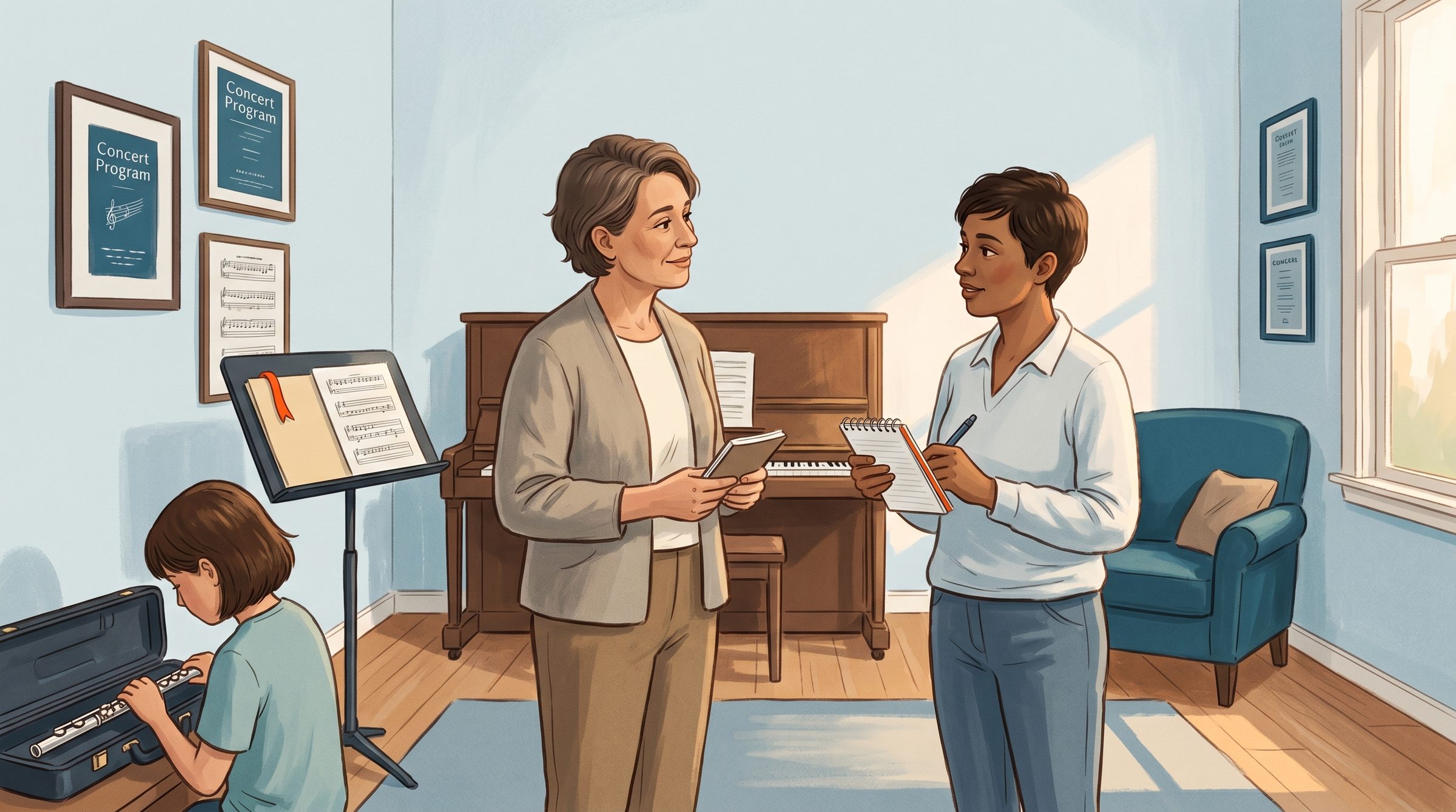 Non-musician parent talking calmly with their child's music teacher after a lesson, holding a small notepad while the child packs an instrument nearby