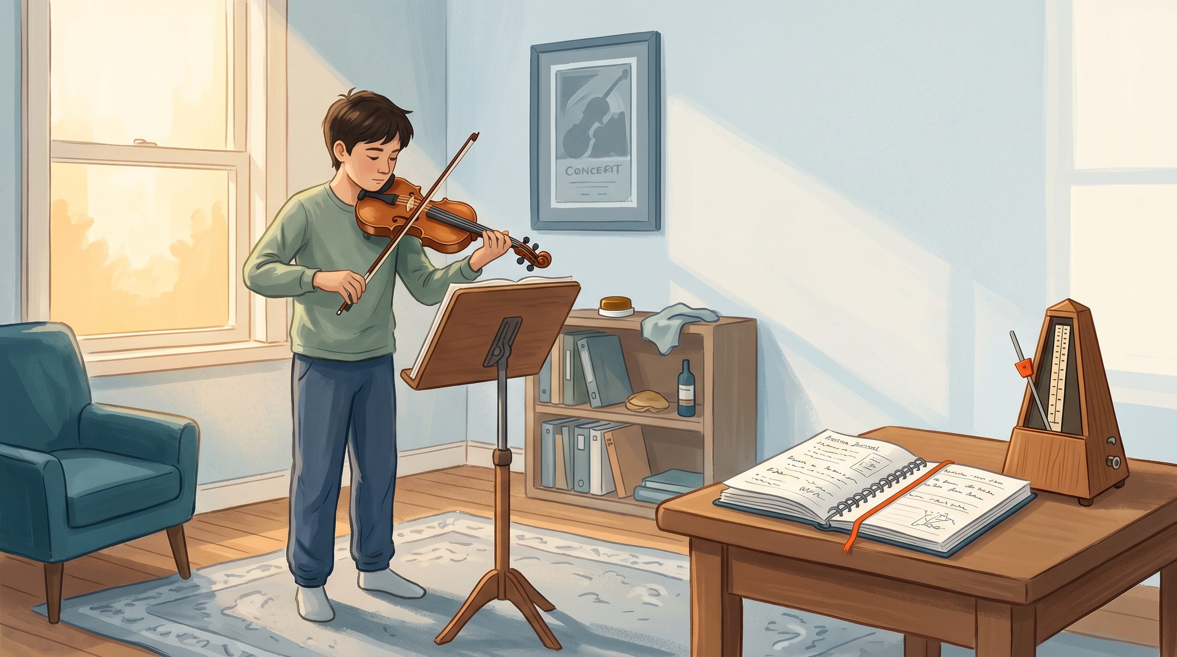 Teenage music student practicing classical violin at a music stand with a practice journal and metronome visible — applying real music practice tips for students
