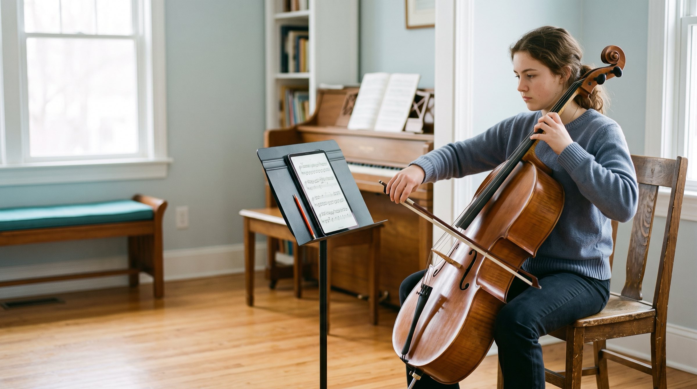 Young cellist practicing with piano accompaniment playing from a tablet next to the music stand in a sunlit room