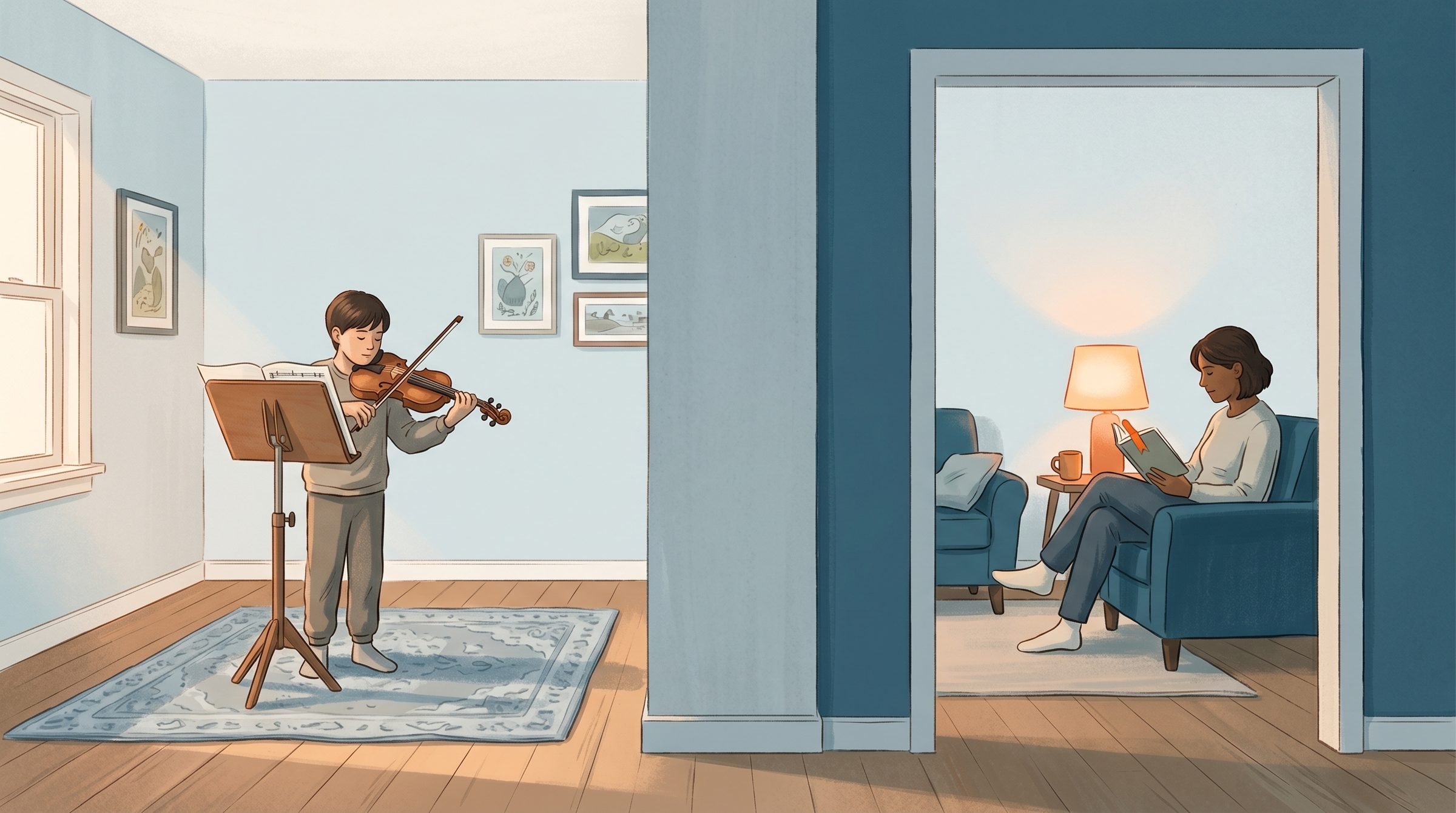 Child practicing flute alone at a music stand while a parent reads in the next room visible through an open doorway — the practical answer to should I sit with my child during music practice
