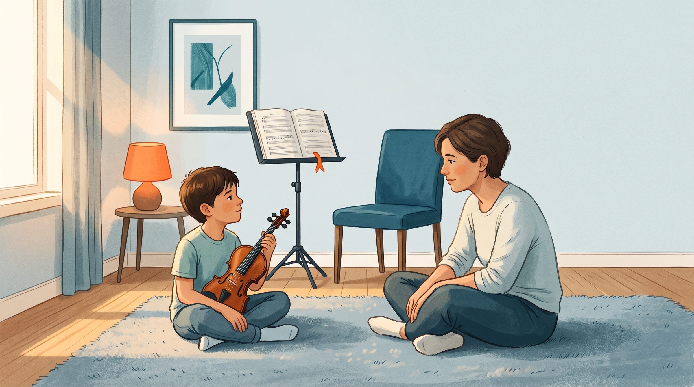 Parent crouching at eye level with their child near a music stand, calmly listening — the moment a parent realizes their child hates practicing music and tries to understand why